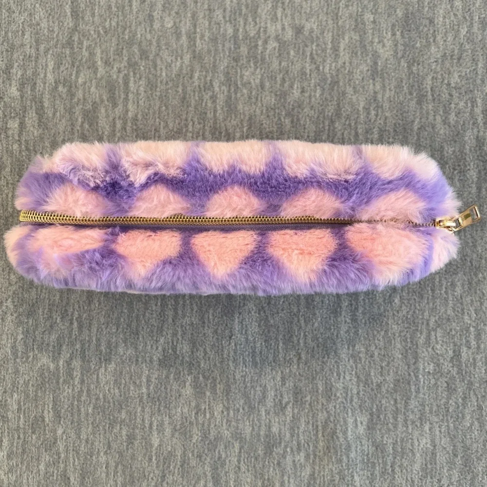 Truly Beauty Makeup Bag Fuzzy Heart Cosmetics Pouch Pink Purple Travel Small NEW